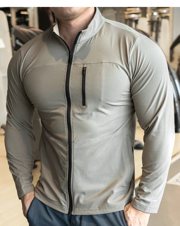 Quick Drying Clothes Men Autumn Sports T-shirt Stand Neck Loose Long Sleeved Outdoor Running Tracksuit Breathable Half Zip Top
