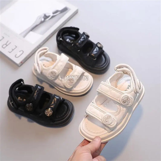 Children Summer Sandals Chic Girls Casual Solid Black Kids Fashion Princess Classic Flowers Buckle