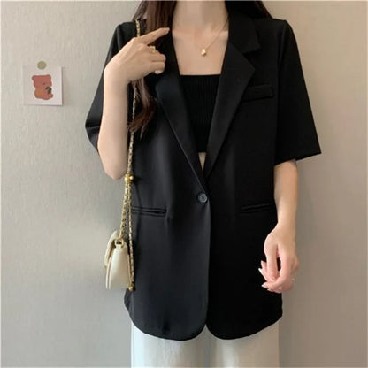 2026 Female Short Sleeved Suit Coat Women Summer Loose Fitting Solid Color Blazer Jacket Ladies Korean Leisure Tops Outerwear