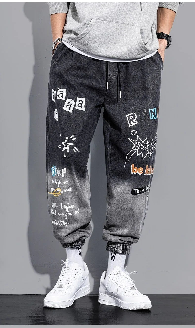 Printing Jeans Men's Gradient Hip Hop Trousers Harem Cartoon Loose Casual Ankle Banded Pants Cargo Denim Jeans Fashion
