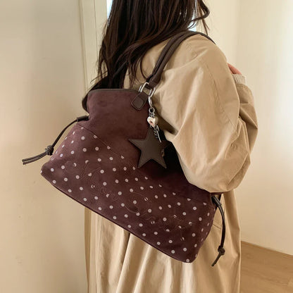 Vintage Frosted Tote Bag Casual Students Purse Large Capacity Shoulder Bag Polka Dot Drawstring Zipper Handbag With Star Pendant