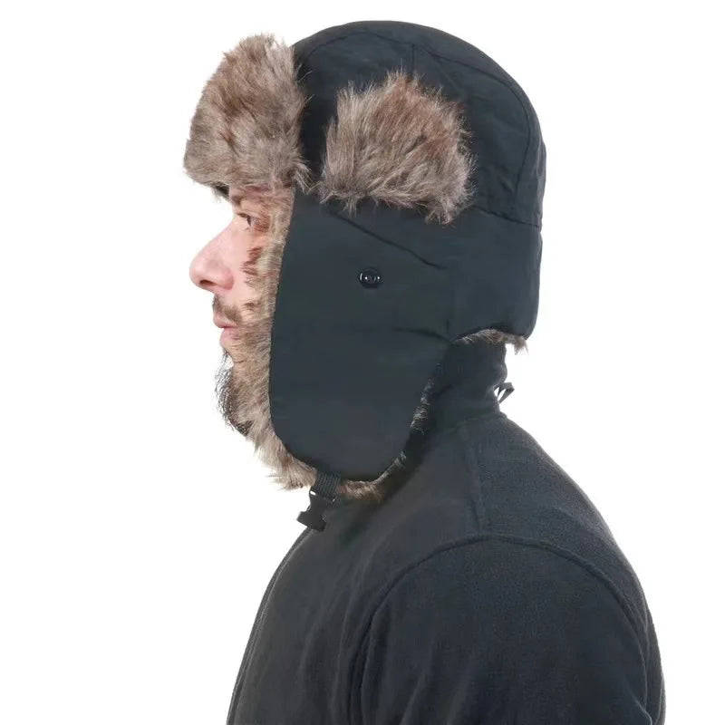 Men's Warm Soldier Hat Winter Pilot Patrolman Earmuffs Polyester Fiber Warm Russian Ski Hat Windproof Cold Pilot Hats