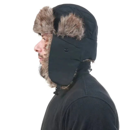 Men's Warm Soldier Hat Winter Pilot Patrolman Earmuffs Polyester Fiber Warm Russian Ski Hat Windproof Cold Pilot Hats