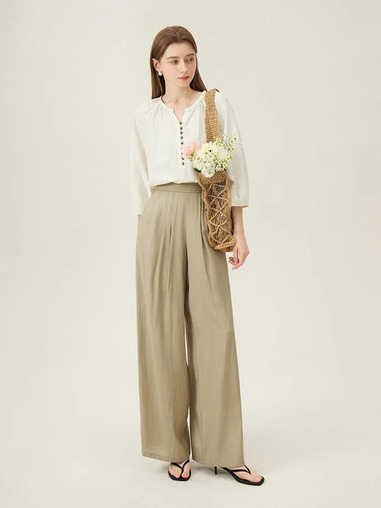 French Linen Beige Three-quarter Sleeve Elegant Summer Thin Shirts Loose Round Neck Pullover Blouses 24FS12211