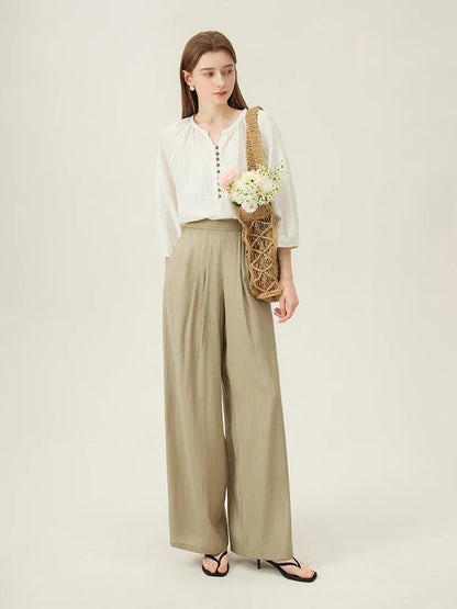 French Linen Beige Three-quarter Sleeve Elegant Summer Thin Shirts Loose Round Neck Pullover Blouses 24FS12211
