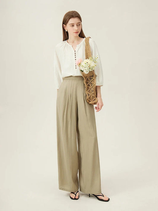 French Linen Beige Three-quarter Sleeve Elegant Summer Thin Shirts Loose Round Neck Pullover Blouses 24FS12211