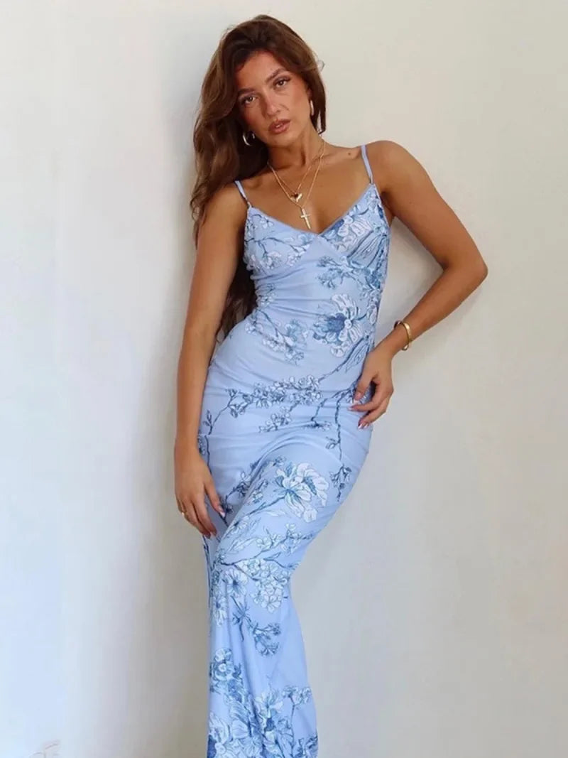 Floral Print Summer Green Dress Womens Fashion Casual Sleeveless V-neck Backless Tunics Bodycon Holiday Beach Dresses Streetwear