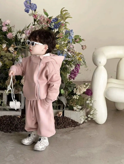 2 Pcs Hooded Set New Kid Clothing 2026 Autumn Winter Korean Boy Fleece Lining Thick Girl Fashion Sports Zipper Cotton Outfits