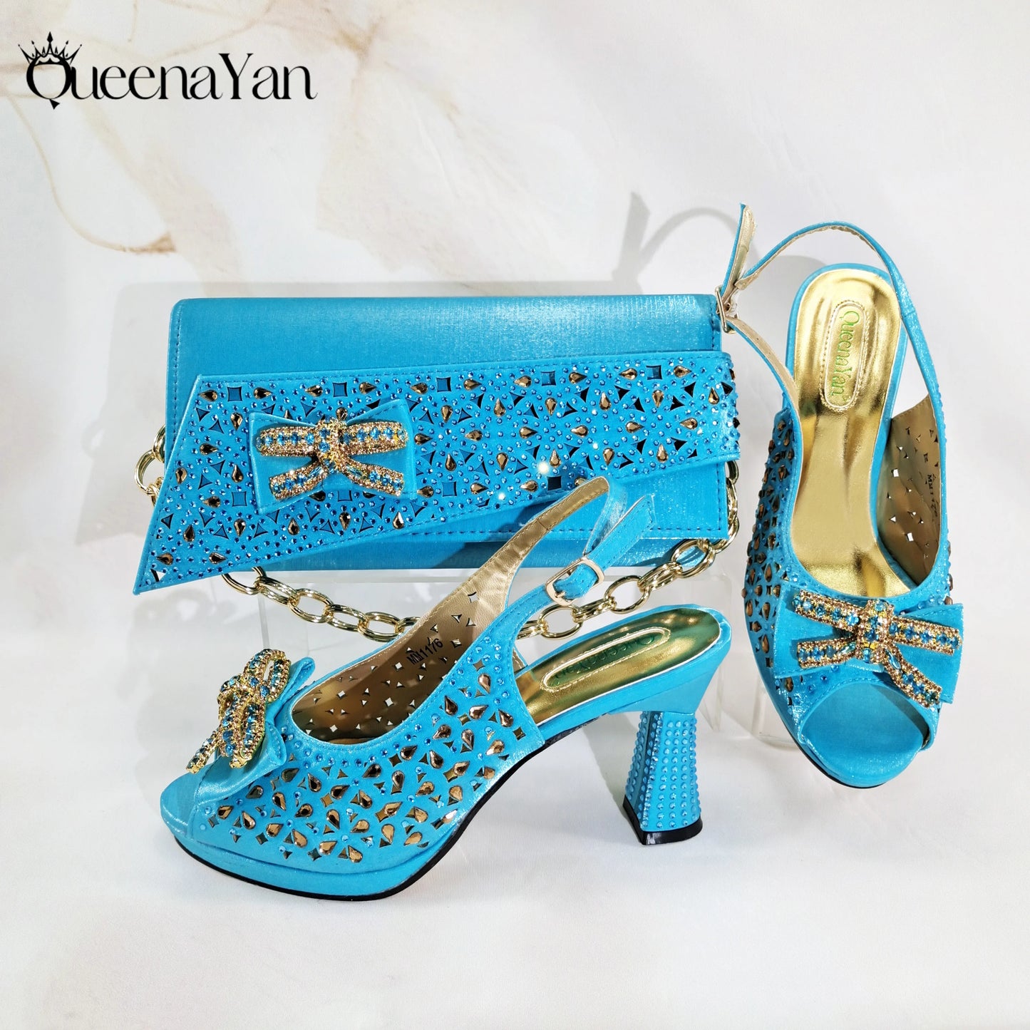 2025 Elegant Women's Peep-Toe Heels and Matching Olive Color Diamond Pumps Set Stylish Italian Shoes and Bags for Parties