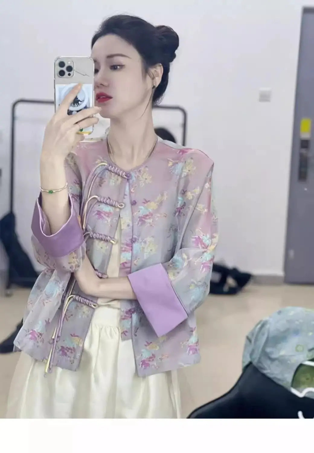 Print Top 2024 New Chinese Style Women's Purple Youth Edition Short Stand Collar Button Coat Women's Spring Autumn Style Elegant