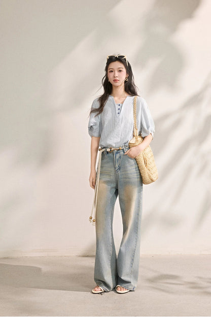 Women French Vertical Stripe Blouse Summer Seven Quarter Sleeve Loose Blouse Minimalist Solid Top Office Lady MXF16X2562