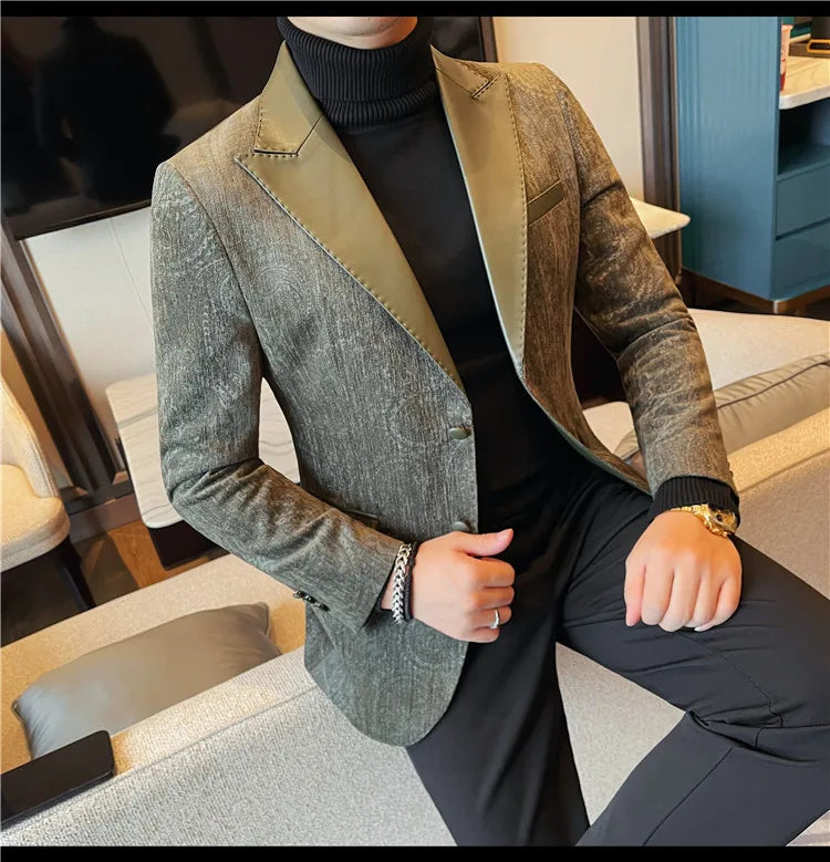 2025 Fashion Leather Neck Spliced Suit Jacket Luxury Men's Business Slim Fit Social Formal Blazers Coats Wedding Groom Tuxedos