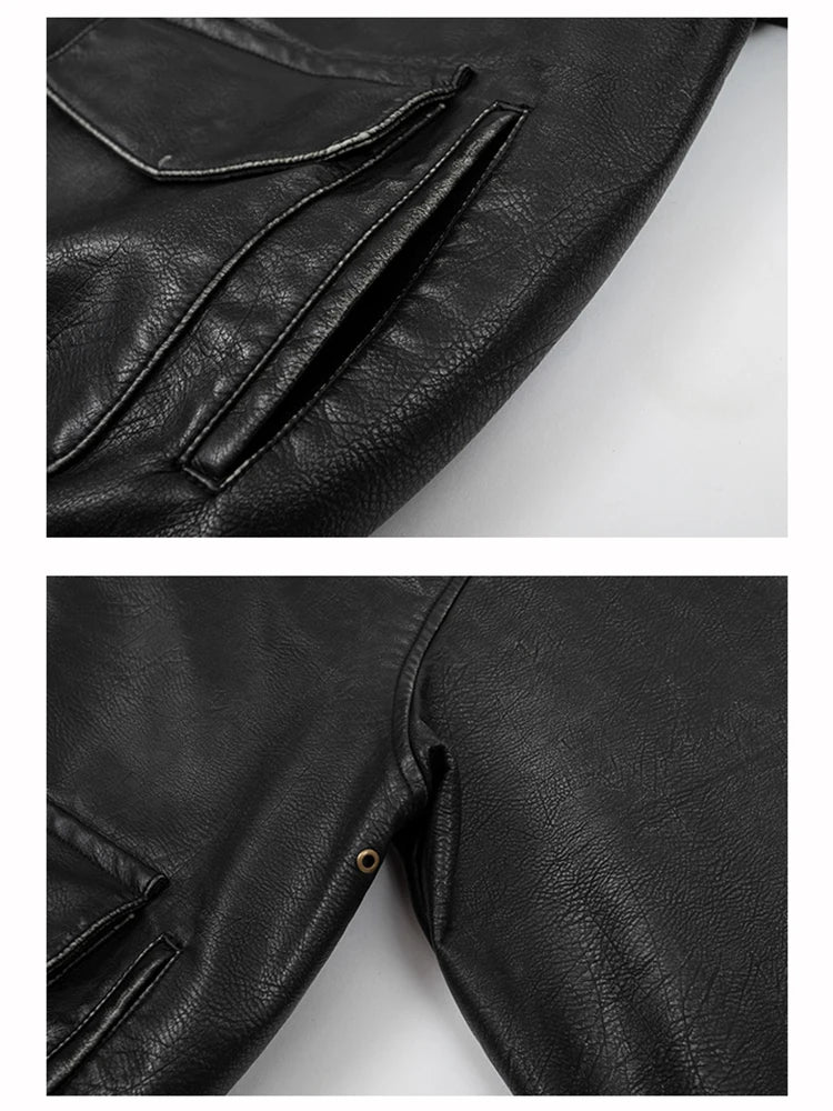 Spring Cool Handsome Oversized Vintage Distressed Black Pu Leather Jacket Men Pockets Luxury Designer Clothes 2024