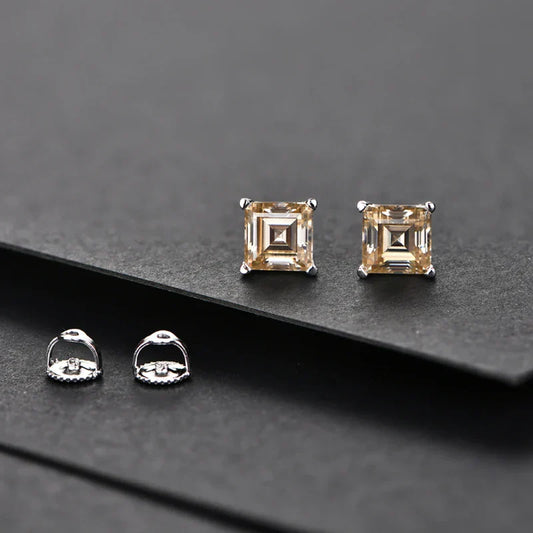 Silver 925 Earring Yellow Moissanite Screw Back Stud Square Stud Earrings For Women  Princess Cut 5*5MM Jewelry 귀걸이