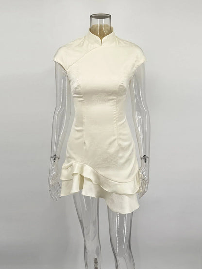 Women's Elegant Satin Evening Dress Fashion Stand Neck High Waist Slim Mini Dresses Party Sexy Short Sleeve Ruffle Dress