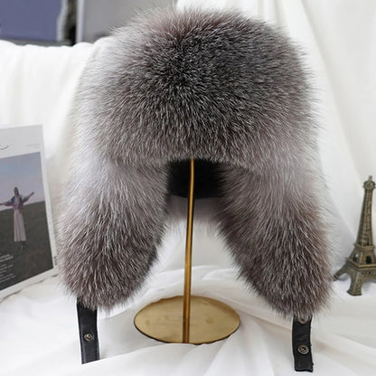 Winter Cap Man 100% Real Sliver Fox Fur Bomber Hat Men's Raccoon Fur Hat Ushanka Cap Trapper Russian Ski Caps Hats Real Fur Hat