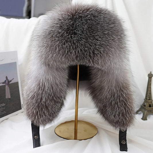 Winter Cap Man 100% Real Sliver Fox Fur Bomber Hat Men's Raccoon Fur Hat Ushanka Cap Trapper Russian Ski Caps Hats Real Fur Hat