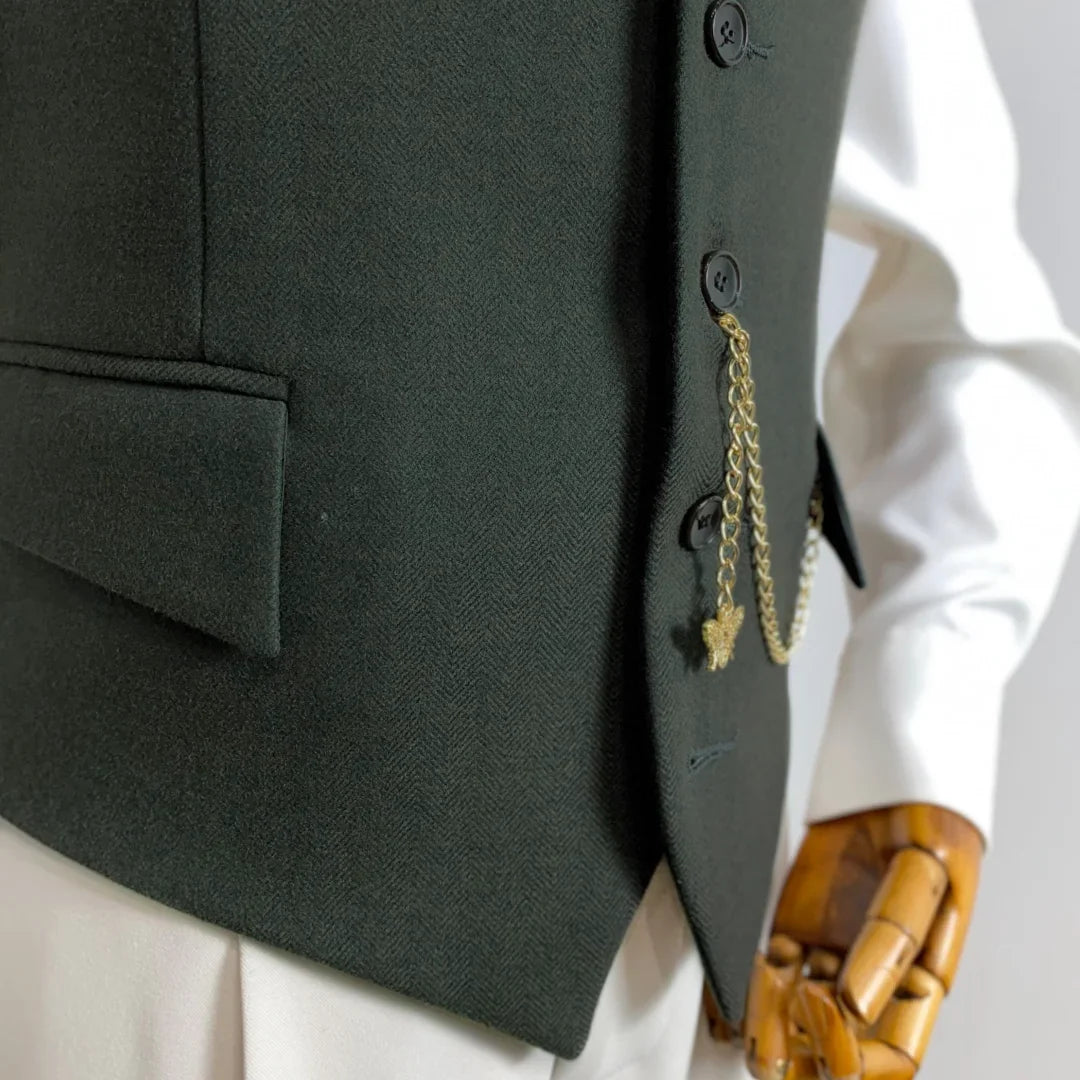 Men Vest Mossy Green Herringbone With Lapel Single Button Waistcoat For Wedding Party Business Work Daily Casual Men Suit Vest