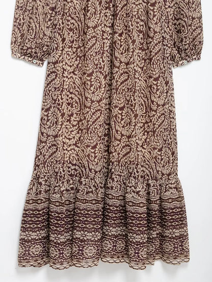 Ele Layered Decorative Print Midi Dr Spring New Arrival Women's Faion JNLEAOG Long Sve V-Ne High Waist Skirt