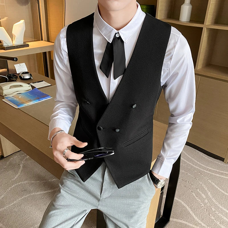 2025 New Fashion Men's Double Breasted Gentleman Dress Casual Vest Fashion Nightclub Bartender Work Clothes V Neck Vest Jacket