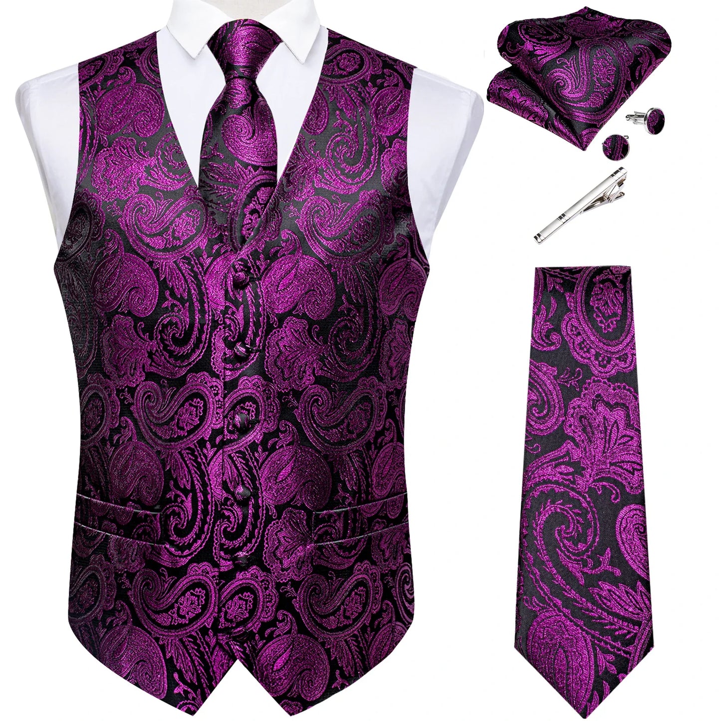 Suit Vest for Men Black Solid Paisley Wedding Prom Groom Jacquard Waistcoat with Necktie for Tuxedo Men Clothing