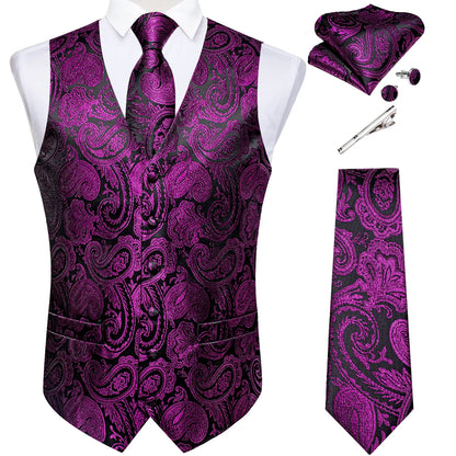 Suit Vest for Men Black Solid Paisley Wedding Prom Groom Jacquard Waistcoat with Necktie for Tuxedo Men Clothing