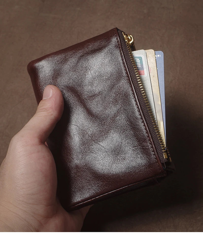Vintage Genuine Leather Trifold Wallet for Men Women Zipper Coin Purse Driver License ID Credit Card Luxury Cowhide Wallet