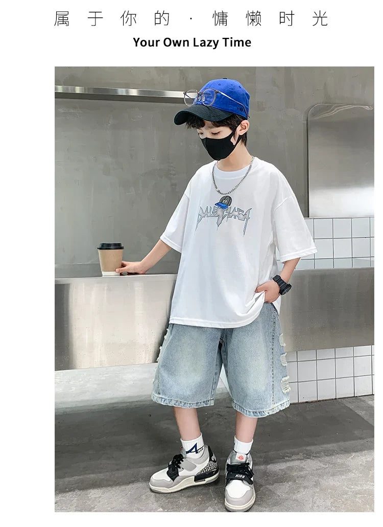 2025 New Summer Clothing Set for Kids Boy Luxury Summer Suit Children Cotton T-shirt And Denim Shorts 2 Pieces Tracksuit Outfit
