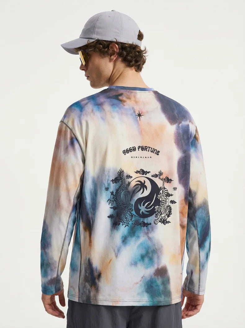 Men's Long Sleeve Sports T-Shirt Quick Dry Stretch Athletic Base Layer Ink Digital Printing Workout Running Top Unisex