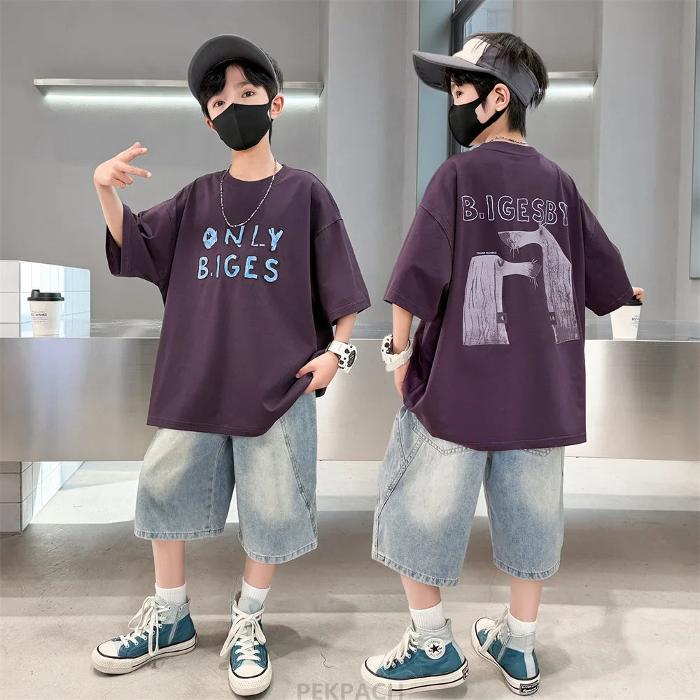 High Quality Children's Summer Suit for Boy Short Sleeve T-shirt + Denim Shorts 2 Pcs Clothing Set Kids Casual Top Bottom Set