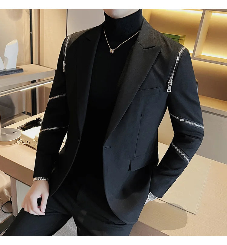 2024 Autumn New Zipper Decoration Blazer Men Casual Slim Fit Business Dress Coats Homme Formal Social Prom Tuxedo Men Clothing