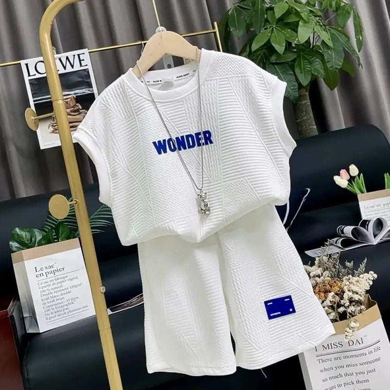 Summer Boys Waffle Alphabet Sleeveless t-Shirt Tops+Short Pants Set School Kids Tracksuit Child 2PCS Outfit Jogger Suit 5-16 Yrs