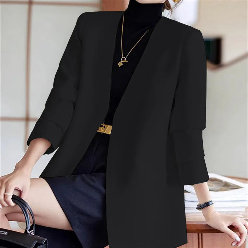 Fashionable Versatile Spring Autumn Women's Blazer Jacket Korean Style Street Style Long Sleeve Suit Coat Pure Color Commute...