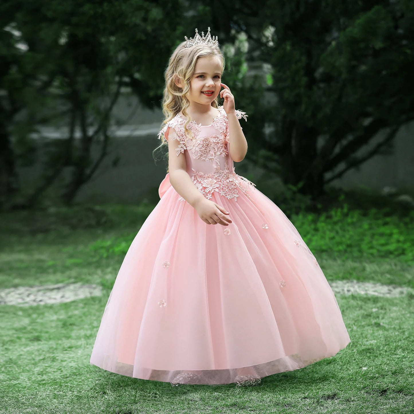 Formal Tulle Flower Bridesmaid Girls Dress Vestido White Wedding Princess Prom Kids Party Dresses For Girls Bow Birthday Costume