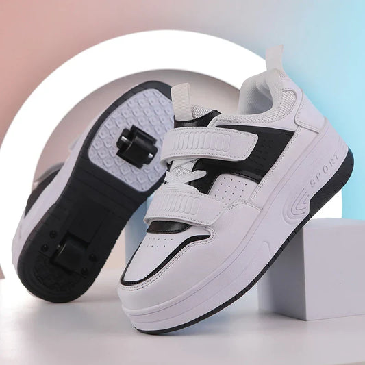 Autumn 2025 Kids Walking Shoes Detachable Double Wheel Roller Skates Boy Leather Student Shoe Four Wheeled Children Shoes Girl