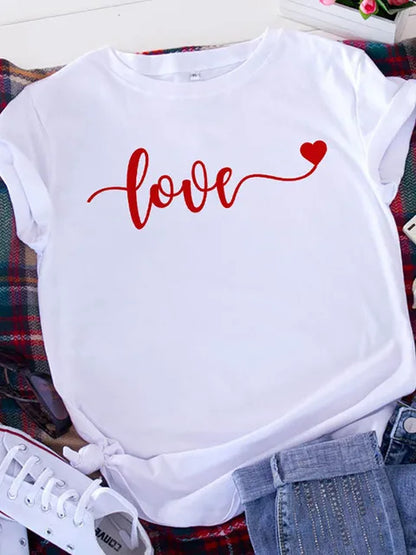 Plus Size Brave Soul L American Retro Letters Love White T-shirt Women Short Sleeve Round Neck Casual Top Summer Aesthetics Tops