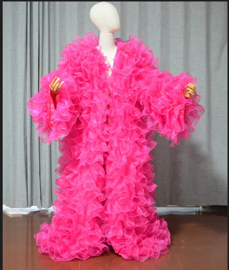 Amazing Layered Organza Long Jacket Puffy And Long Full Sleeves Cape Vest Outfit Party Fashion Stage Drag Queen Coat Cloak