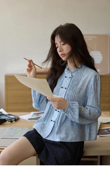 Women's Shirt 2025 Autumn Blue Polka Dot Chiffon Loose Shirt Stand Collar Double Row Buckle Lantern Sleeve Top MXE41X1926