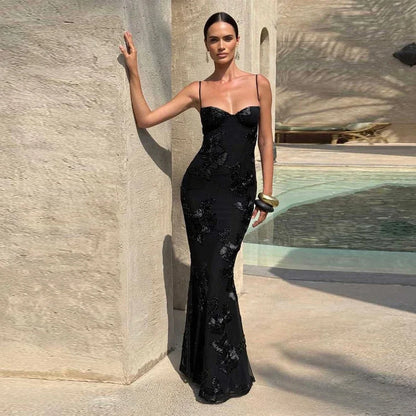 Backless Mermaid Dress Women Formal Occasion Elegant Lace Up Dress Mesh Embroidery Evening Party Dress