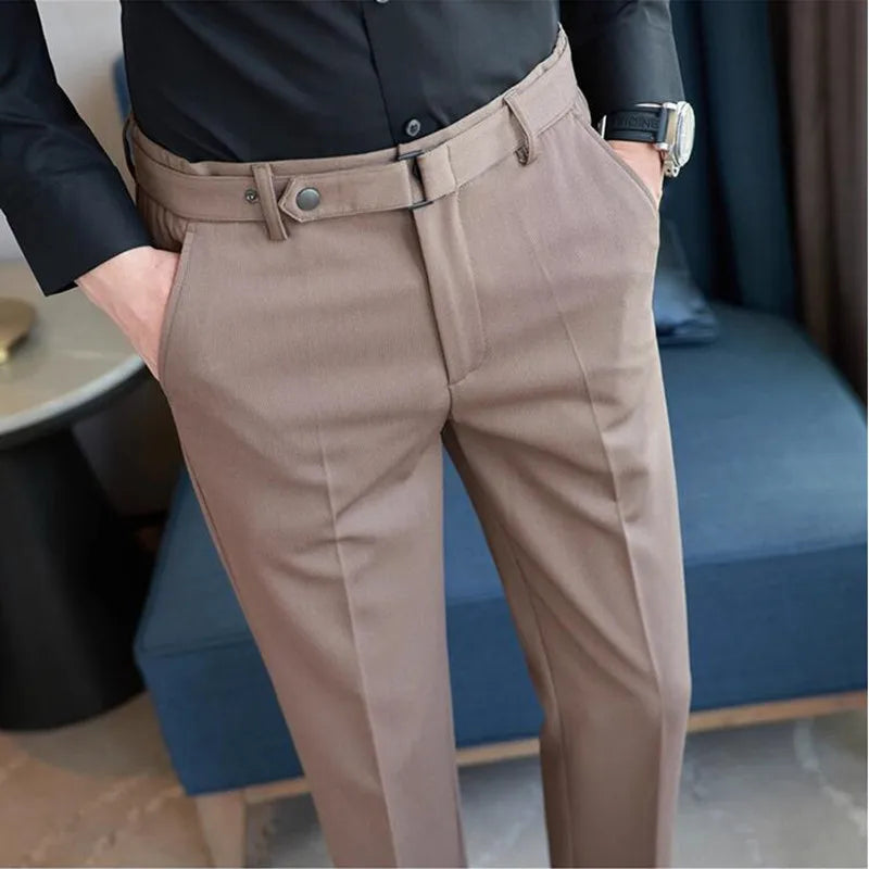 Fashion Belt Decoration Design Men's Suit Pants High Quality Business Slim Fit Casual Straight Formal Wedding Party Trousers