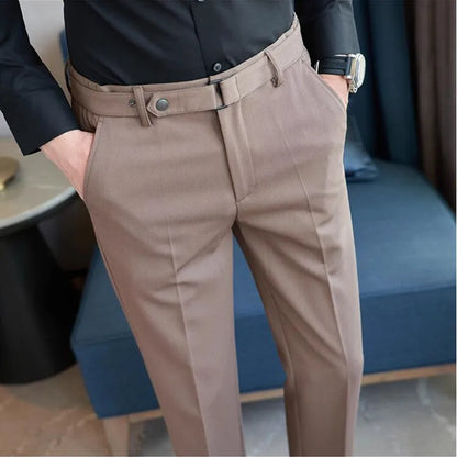 Fashion Belt Decoration Design Men's Suit Pants High Quality Business Slim Fit Casual Straight Formal Wedding Party Trousers