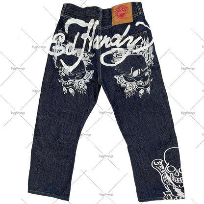Mens Jeans Streetwear Y2K Vintage Straight Leg Denim Pants Skull Rose Flame Print Design Loose Fit Retro Punk Hip Hop Fashion