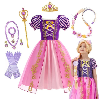 Disney Rapunzel Princess Dress Girl Purple Puff Sleeve Cosplay Tangled Costume Halloween Vestido Kids Birthday Ball Gown Clothes