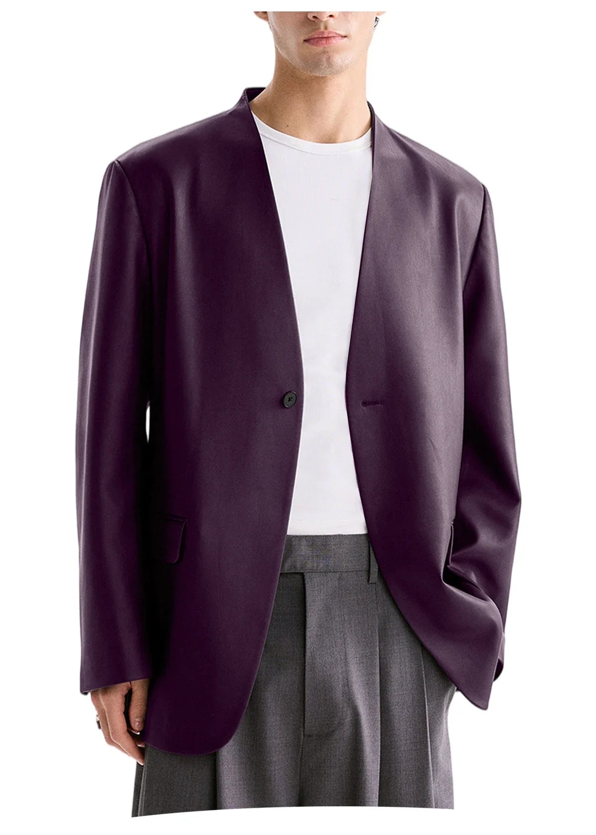 Luxury Men's PU Leather Blazer Collarless Jacket Loose 1 Button Elegant Solid Color Coat for Party Wedding Office Daily Wear