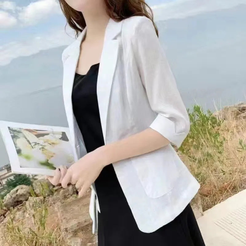 Linen Small Blazer For Women, Thin  Summer Suit, Korean Version, Sun Protection, Casual British Style, White And Black