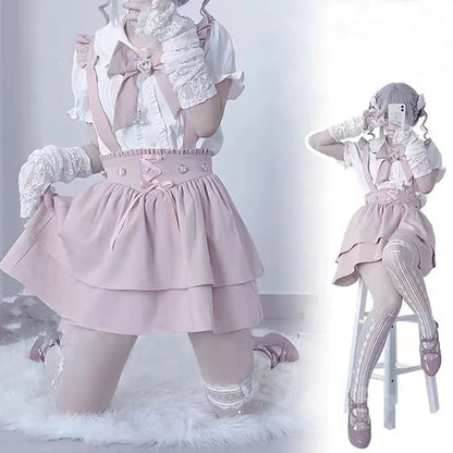 Japanese Sweet Lolita Ruffles Bow Short Suspender Skirt Girls Gothic Plaid Bandage Party Mini Skirts Y2k Casual A-Line Skirts