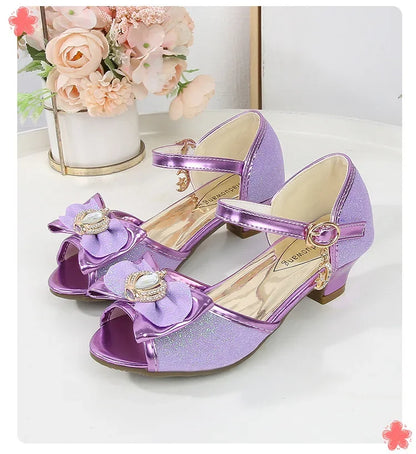 New Girl's High Heel Shoes for Kids Party Wedding Fashion Princess Causal Dress Shoes Sequins Versatile Children's Crown Sandals