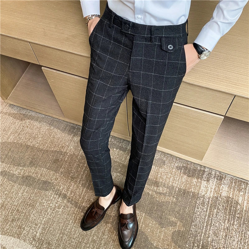 Boutique Classic Plaid and Striped Fashion Men's Casual Business Slim Suit Pants Groom Wedding Dress Trousers Party