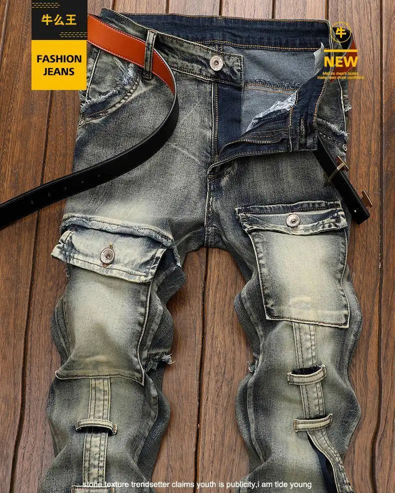 High Quality Fashion Luxury Retro Men's Denim Jeans Korean Style Vintage Casual Punk Motorcycle Designer Riding Cargo Jeans