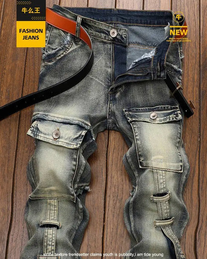 High Quality Fashion Luxury Retro Men's Denim Jeans Korean Style Vintage Casual Punk Motorcycle Designer Riding Cargo Jeans
